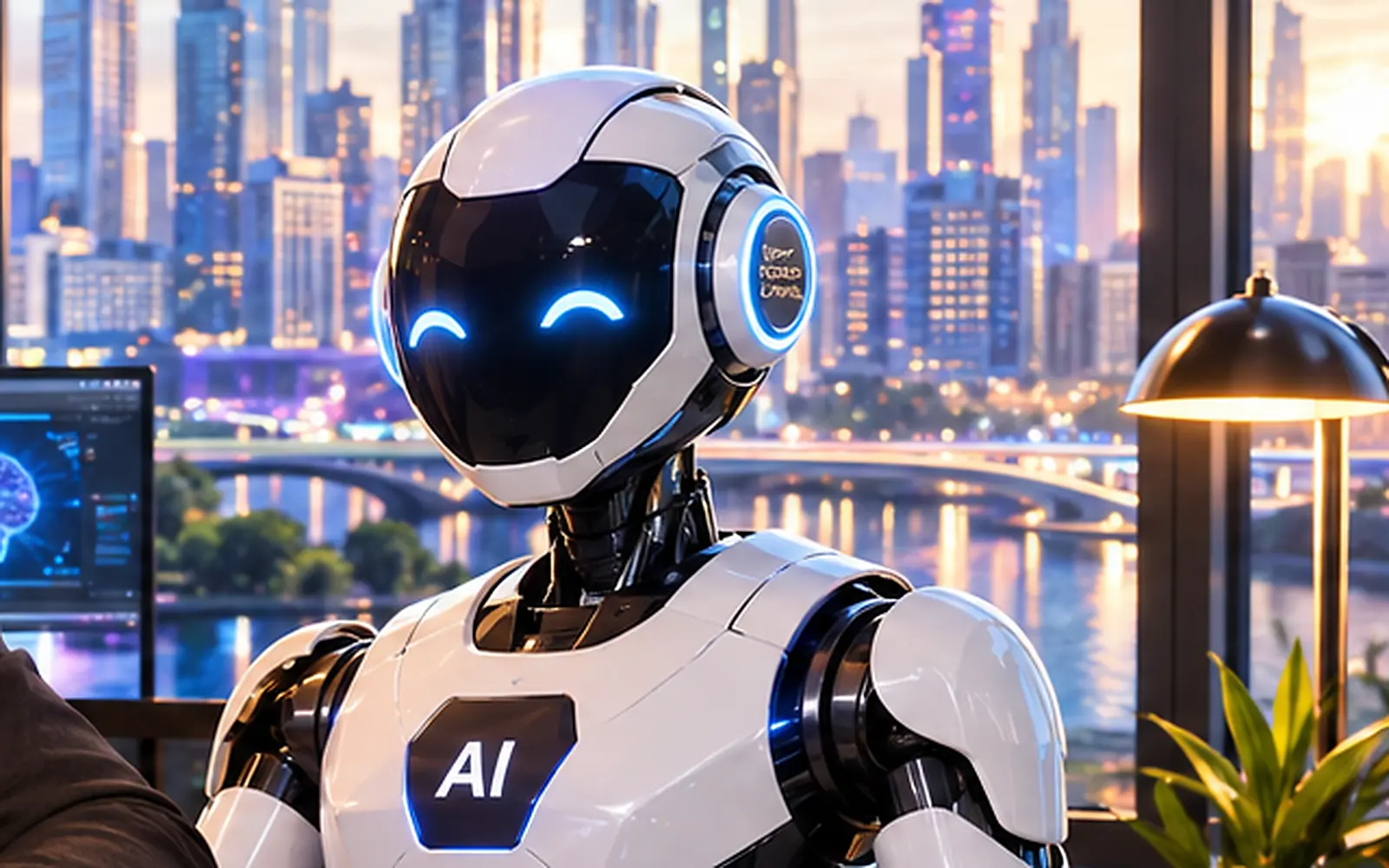 The studio AI robot assistant holding a tablet beside the Perth skyline